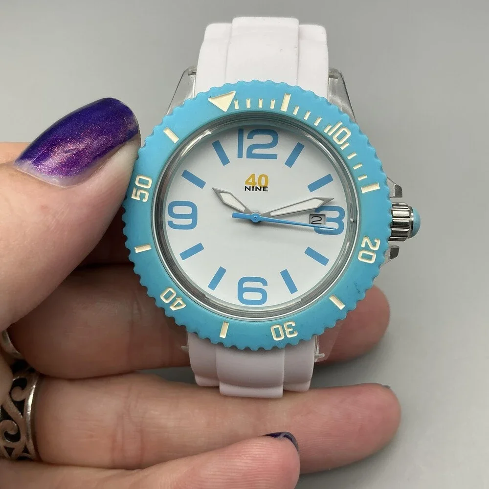 40nine Mens Watch 40mm White Dial Blue Bezel Silicone Date New Battery